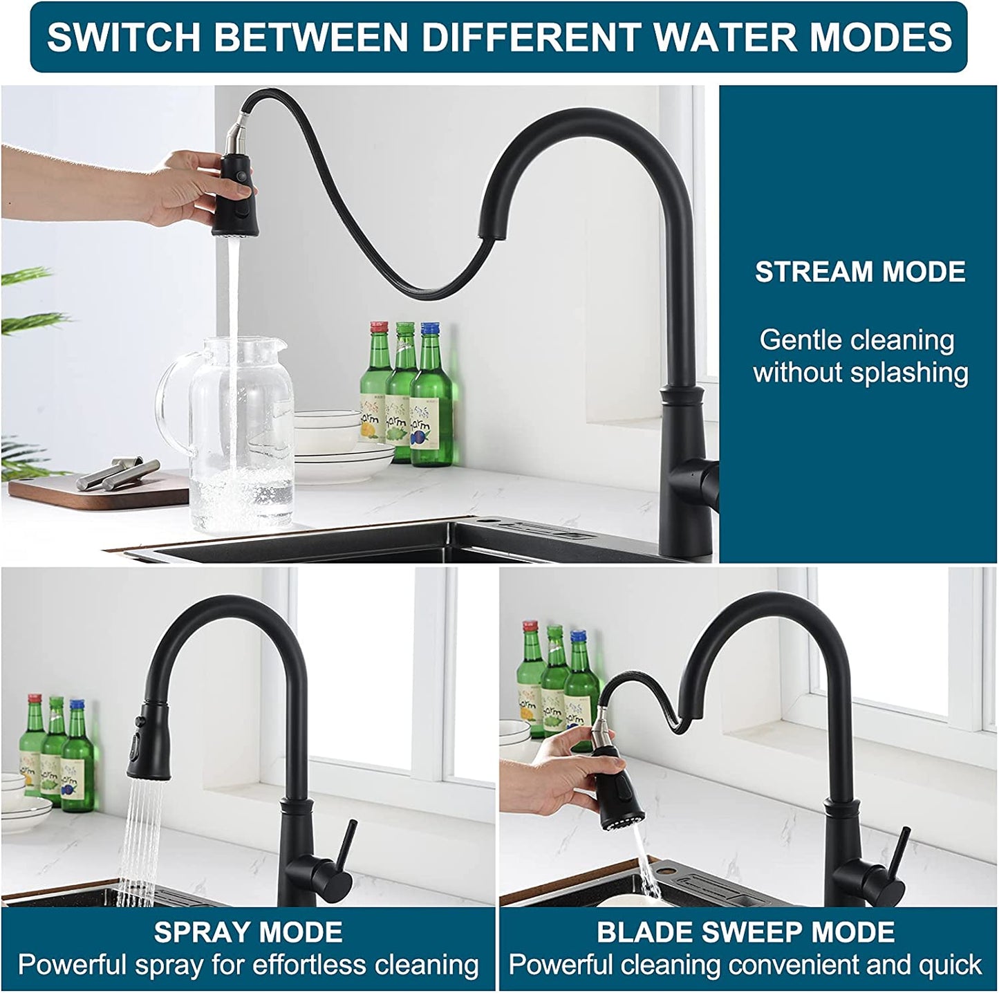 Pull Out Kitchen Faucet Black خلاط مطبخ