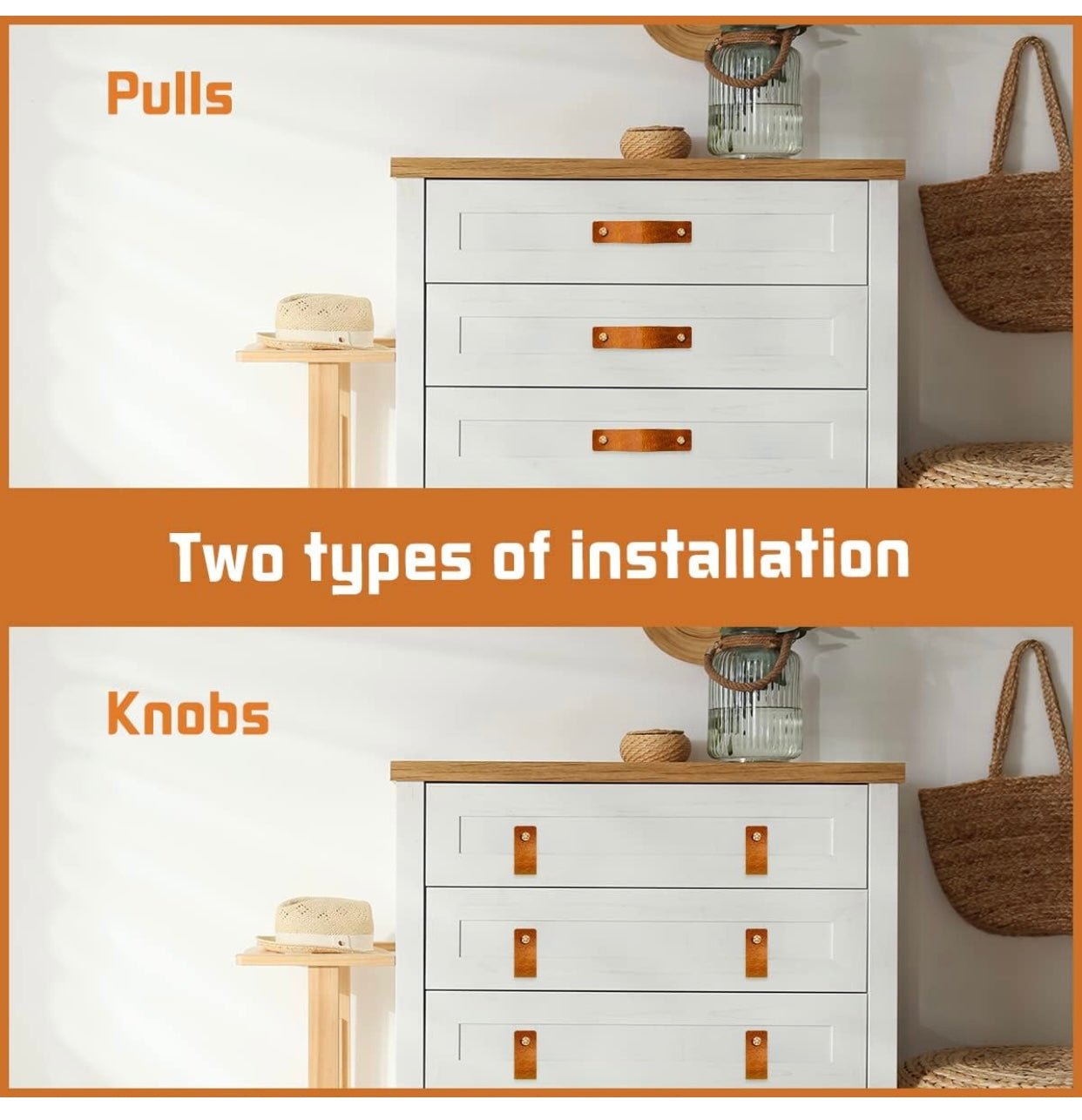 Leather Drawer Pulls brown مقبض درج جلدي